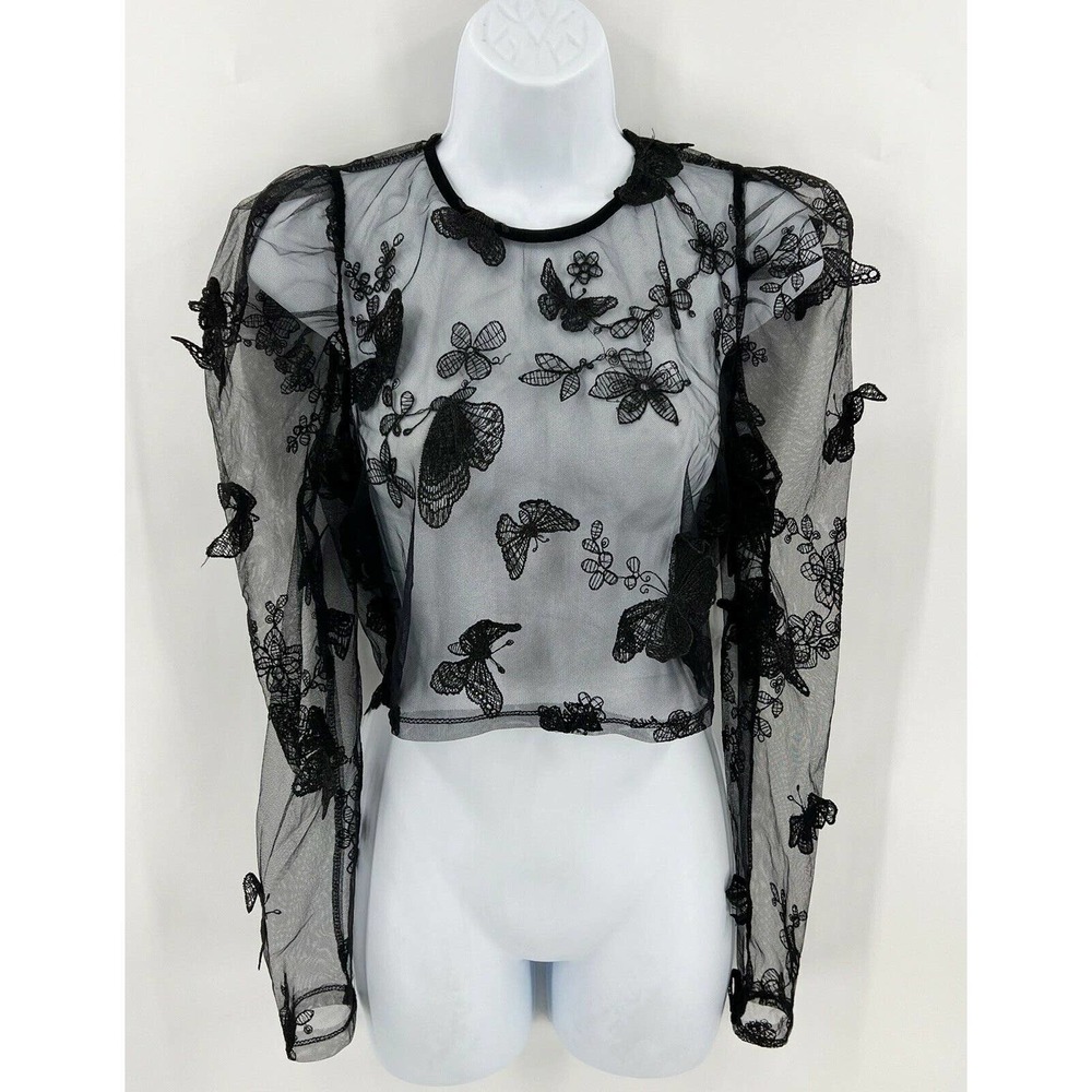 Windsor Butterfly Sheer Top Small Black Cropped Puff Shoulder Back Zipper NEW